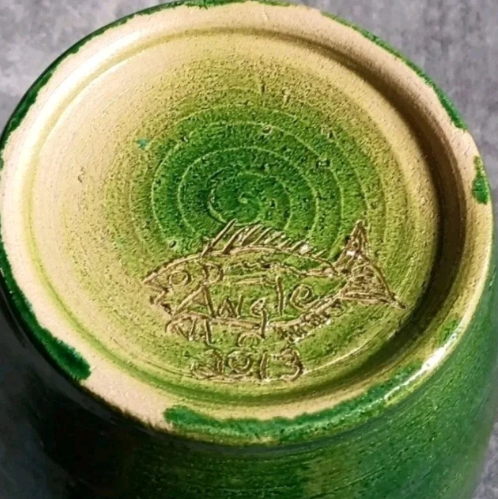 Handcrafted Green Stoneware Vase with Deer Design, Rustic Cottage Cabin Pottery